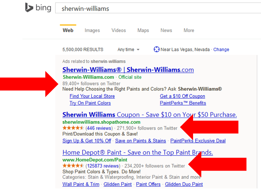 Bing testet die Darstellung der Zahl von Twitter-Followern in Anzeigen