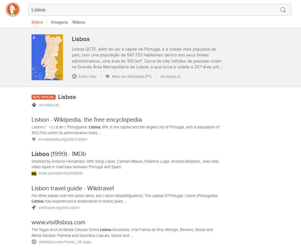 DuckDuckGo Portugal: Instant Answer für die Suche nach "Lisboa"