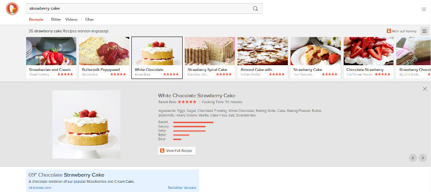 Rezeptvorschläge von Yummly in der Suchmaschine DuckDuckGo