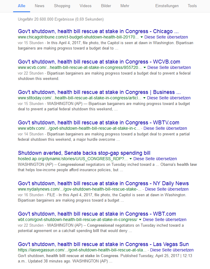 Agenturmeldungen: Beispiel für Duplicate Content in Google