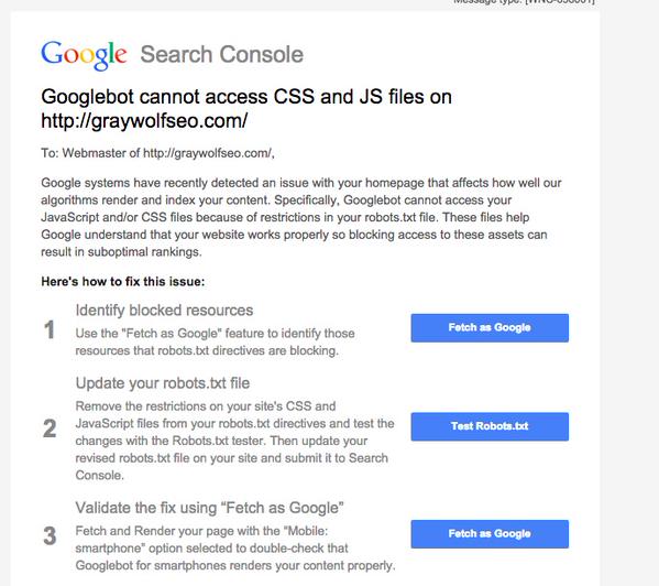 Google-Nachricht wegen blockierter Javascript- und CSS-Dateien
