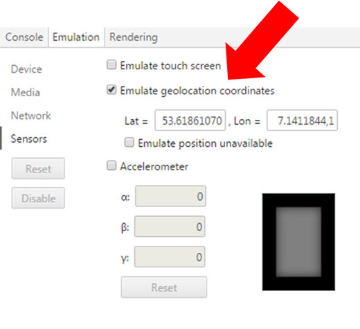 Google Chrome Developer Console: Eingabe geographischer Daten