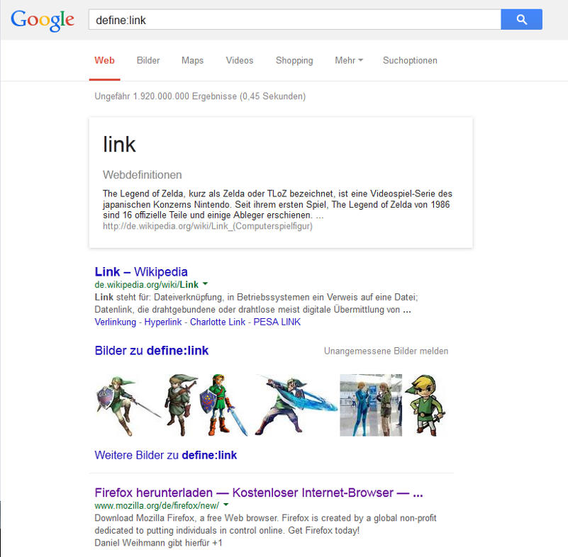 Suchergebnisseite Google Deutschland nach Verwendung des "define"-Operators