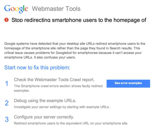 Benachrichtigung über fehlerhafte Weiterleitungen auf mobile Seiten in den Google Webmaster Tools