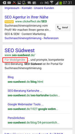 Google: Hinweis für mobil-freundliche Seiten in den Ergebnissen