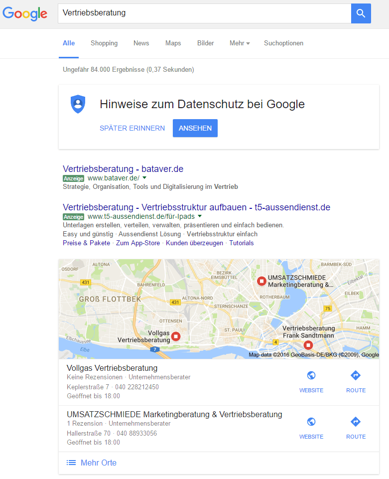 Google: Local Pack mit nur noch zwei Treffern