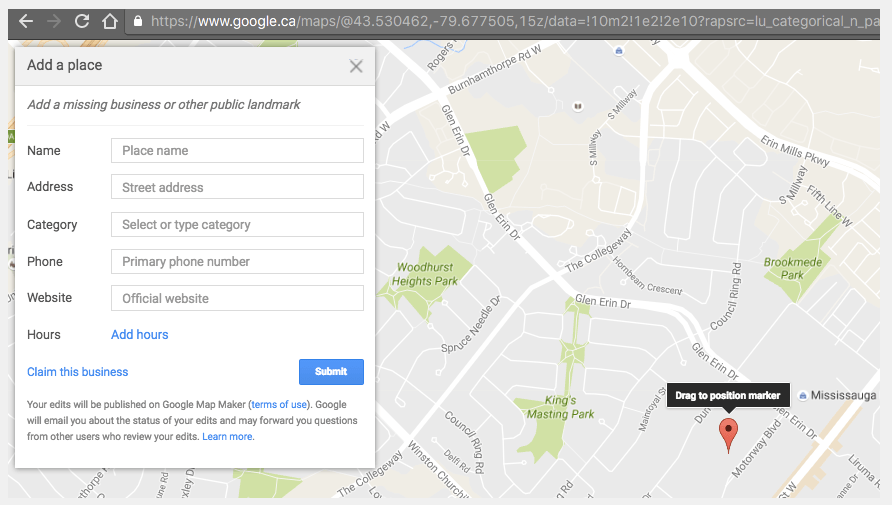 Google: "Add the missing place" - Formular