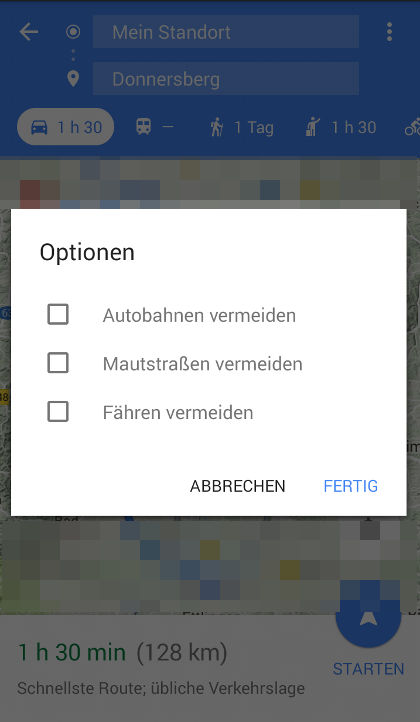 Routenoptionen in Google Maps