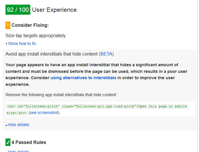 Google warnt in Pagespeed Insights vor zu großen App-Interstitials