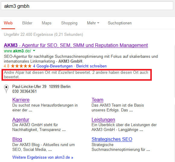 Bewertungen aus Google Places nun auch auf den organischen SERPs