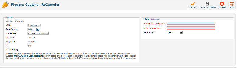 Plugin "Captcha - ReCaptcha" für Joomla