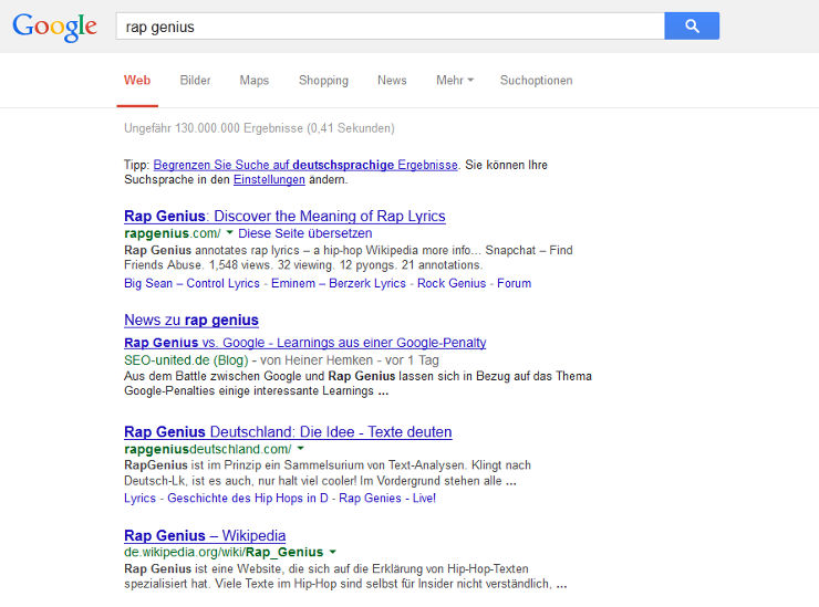 Die Suche nach "Rap Genius" bringt das Portal wieder auf einer guten Position