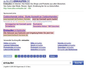 SERP WEB.DE mit Sponsored Links unterhalb der organischen Suchtreffer