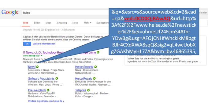 Beispiel für Googles VED-Parameter anhand von Suchtreffern für "heise"