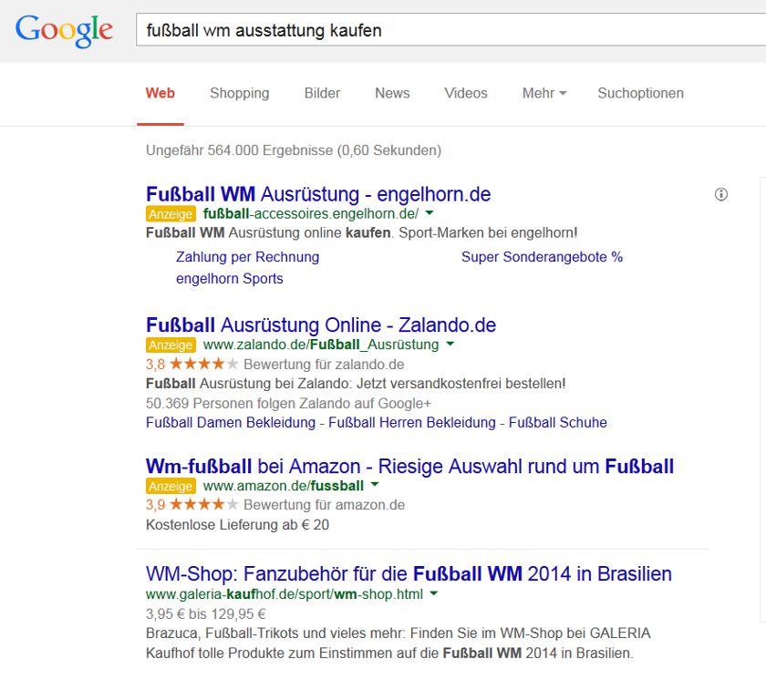 Google SERP mit einer Anzeige eines WM-Sponsors