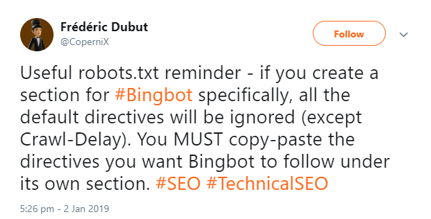 Bing ignoriert Standardanweisungen in der robots.txt, wenn es dort einen speziellen Bing-Bereich gibt