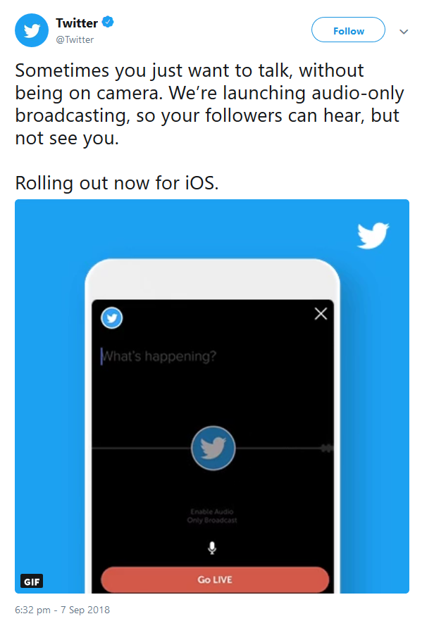 Twitter: Ankündigung für Audio-only Broadcasts