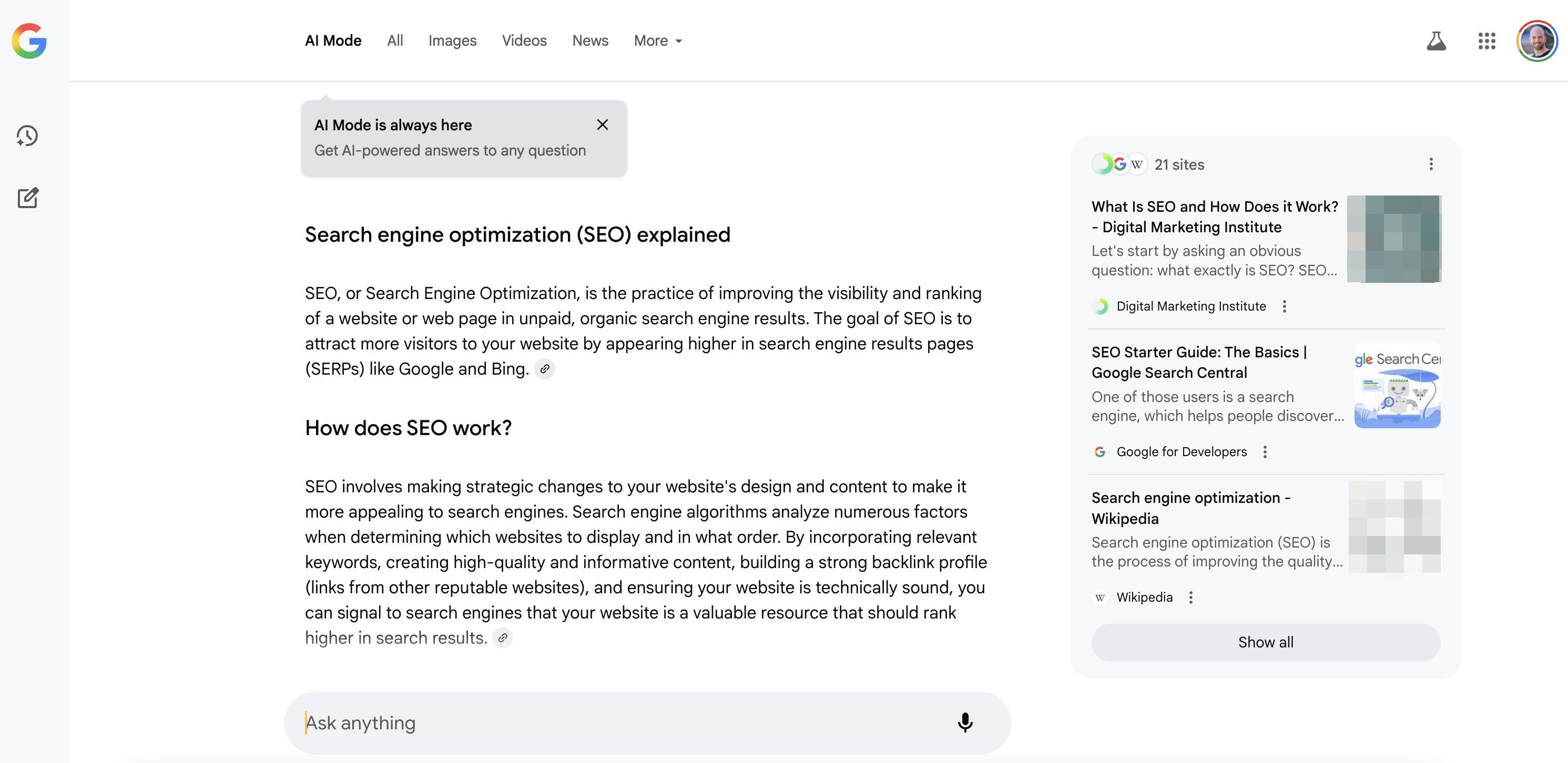 Google AI Mode: Suchergebnisse für 'SEO'