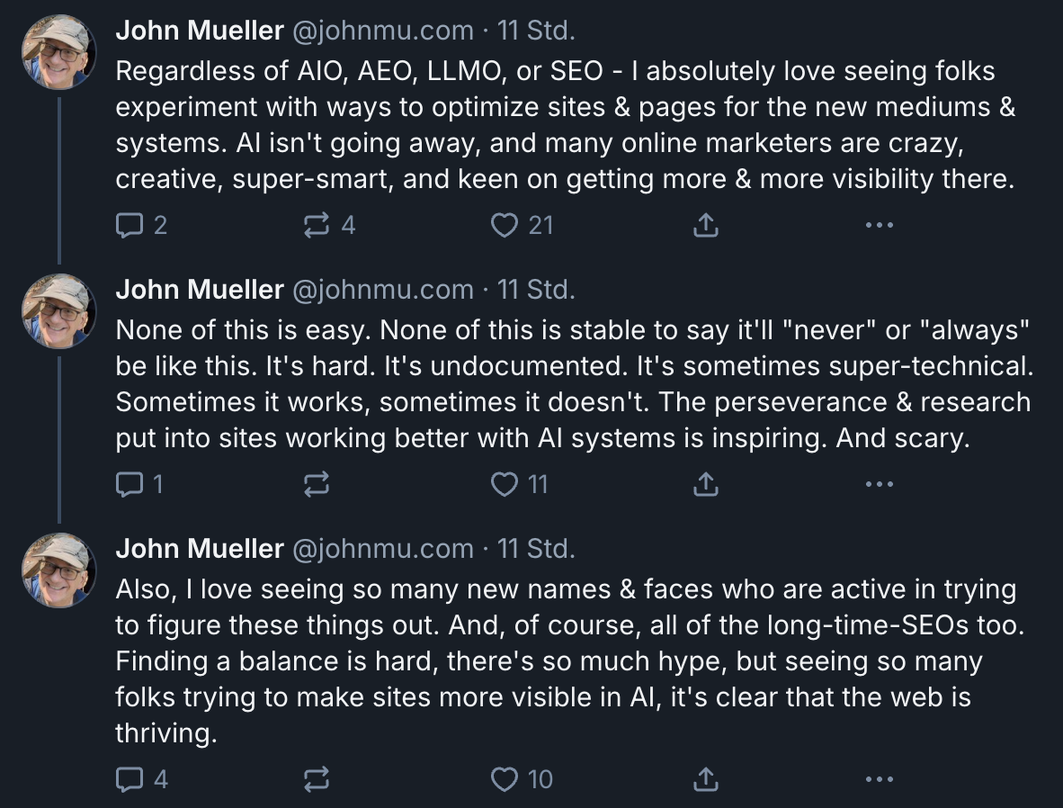 John Müller begeistert vom Experimentieren mit AIO bzw. LLMO