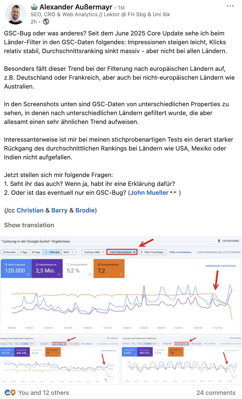 Alexander Außermayr auf LinkedIn zu sinkenden Positionen in der Google Search Console