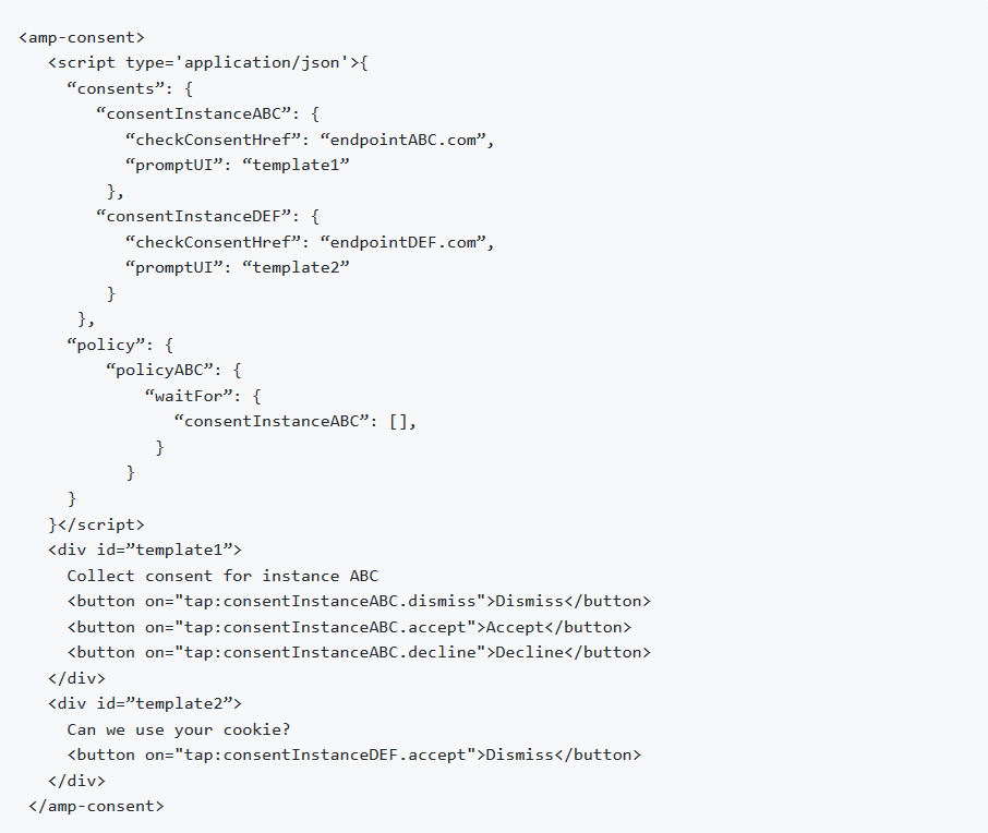 AMP: Beispiel für die Konfiguration der consent-Komponente