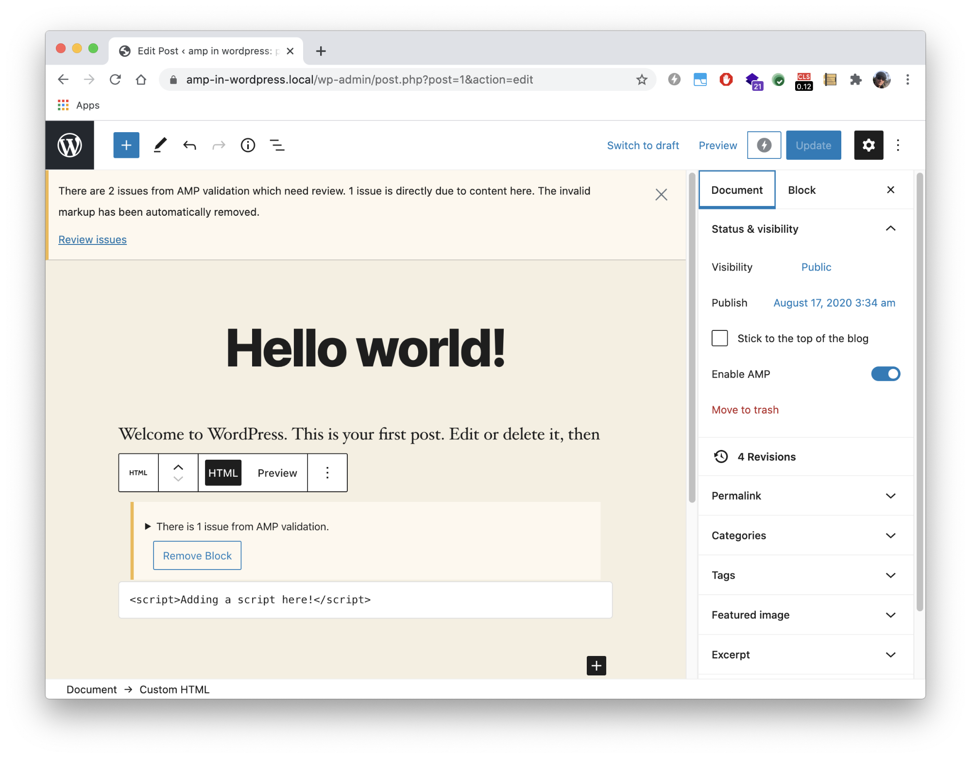 AMP-Plugin: Validierung im Gutenberg-Editor
