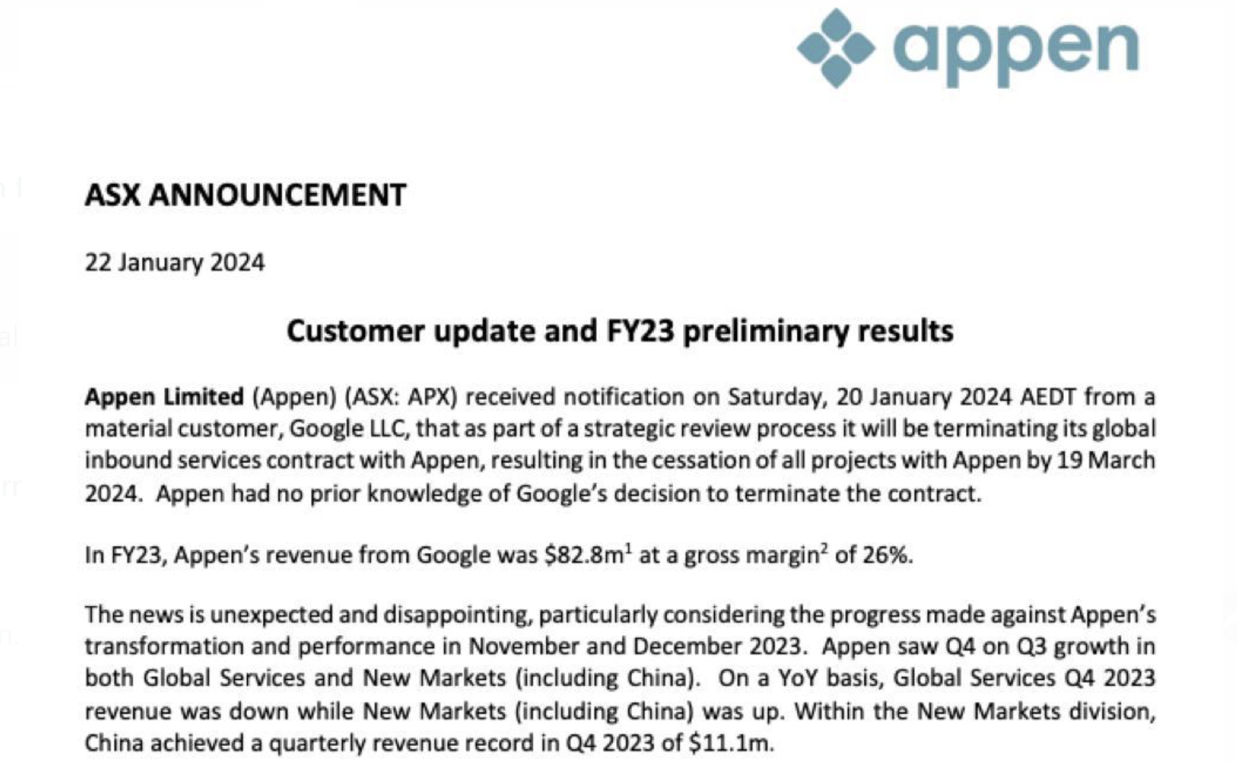 Appen Limited: Mitteilung zu Beendigung Zusammenarbeit mit Google