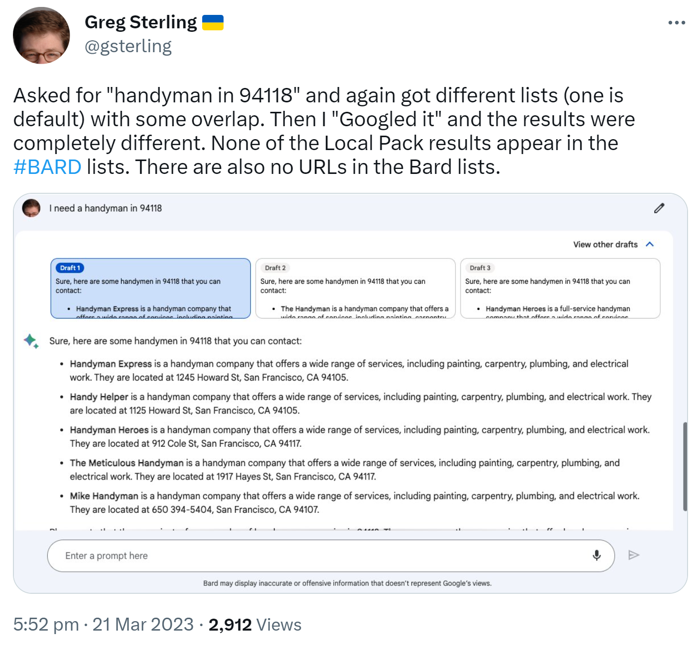 Google Bard: Antworten für lokale Suche unterscheiden sich von Local Pack