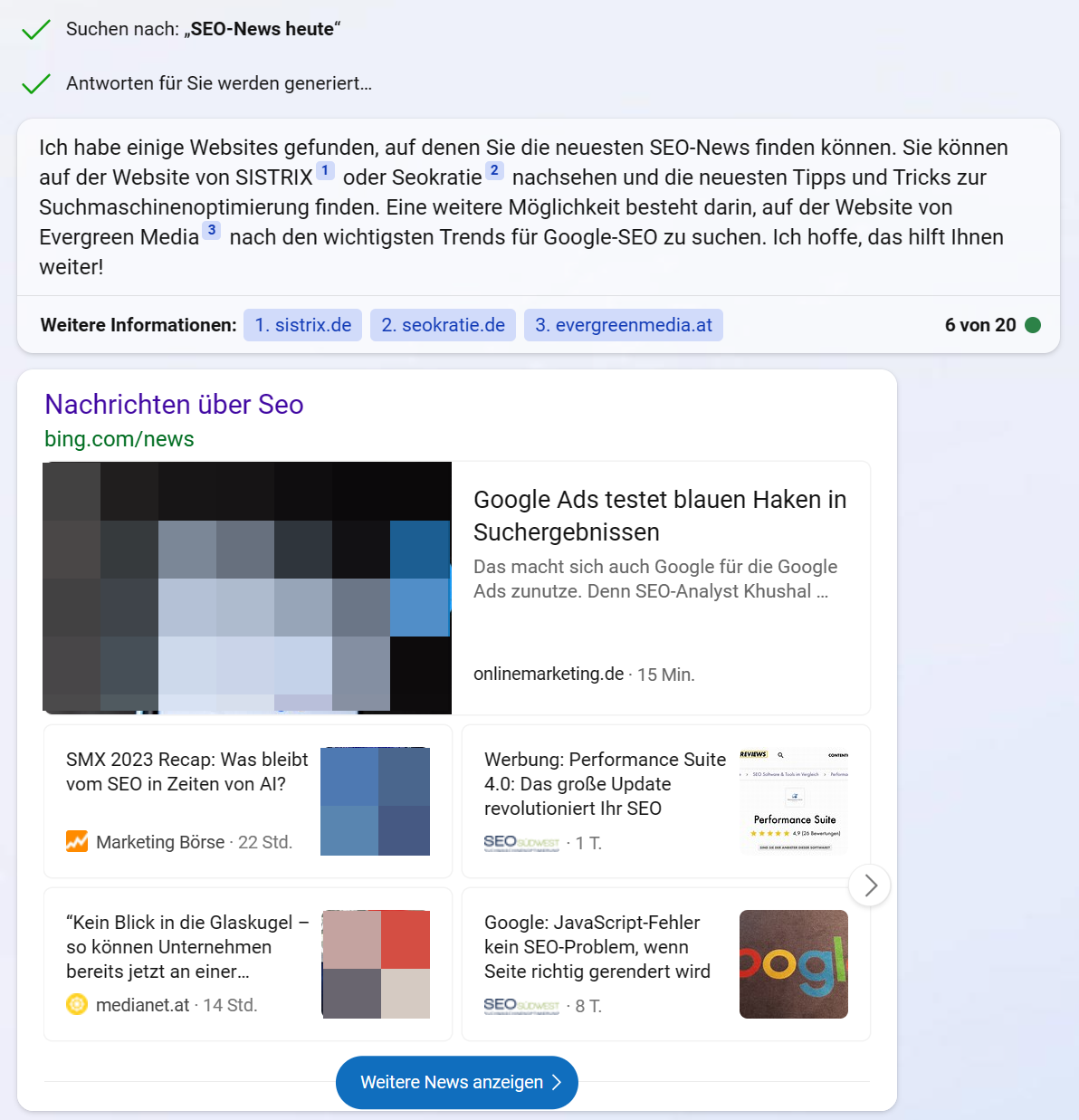 Antwort des Bing Chatbots für eine news-getriebene Frage