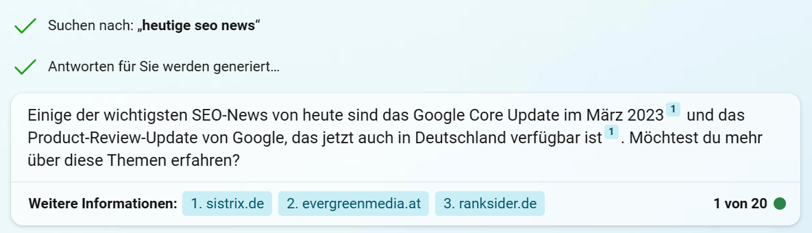 Bing Chat: Antwort auf news-getriebene Suchanfrage im exakten Modus