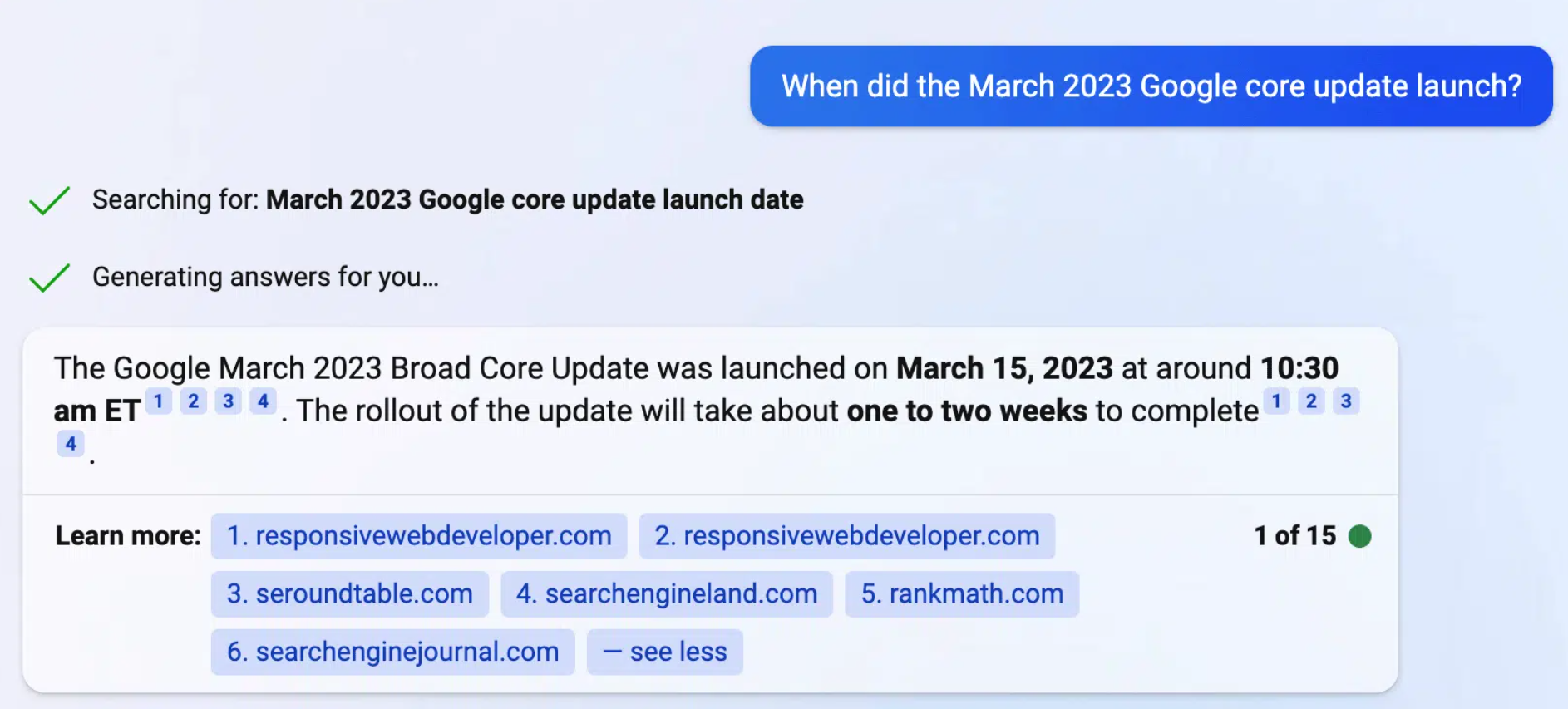 Bing Chat: Ergebnis mit verlinkten Quellen