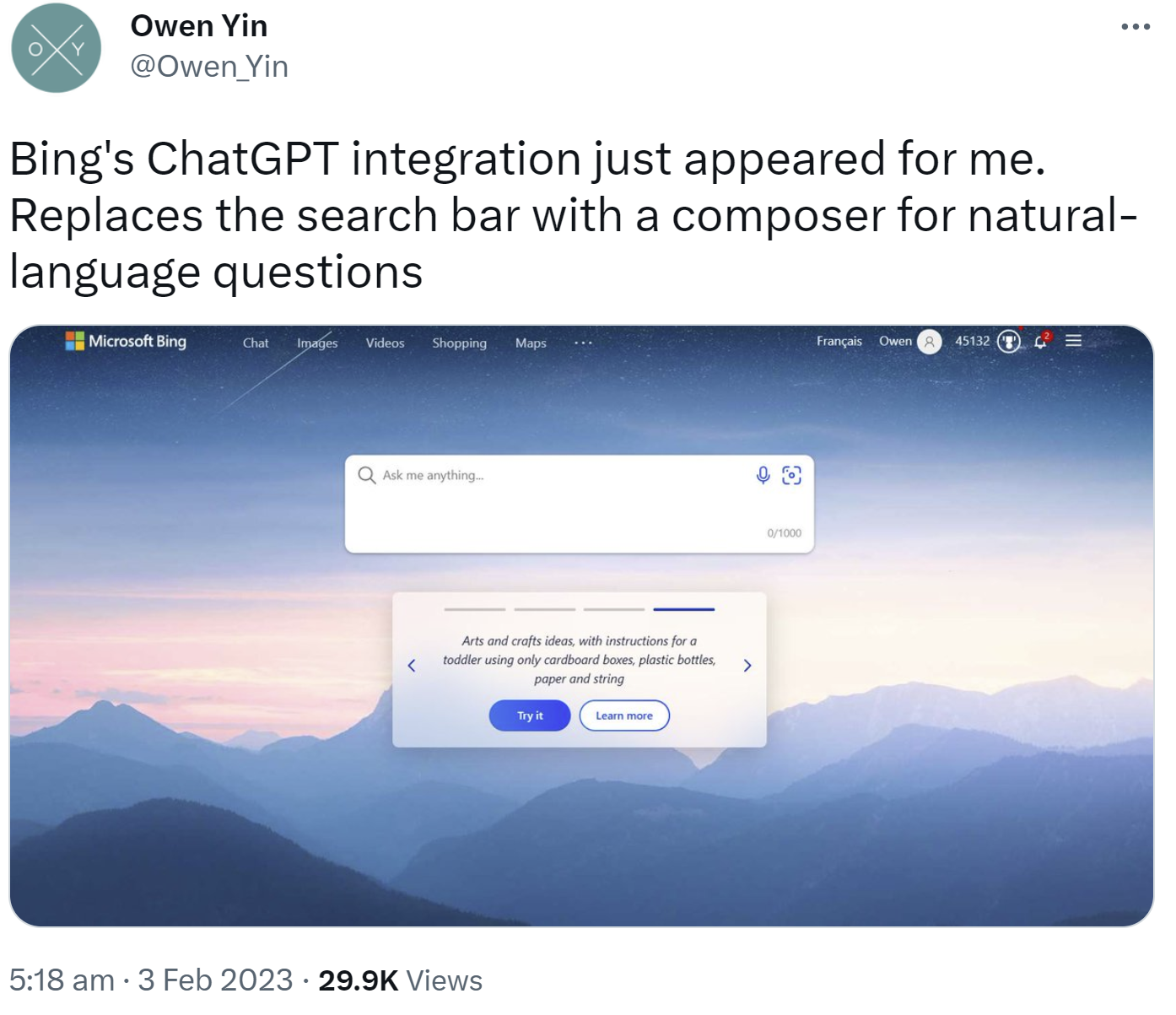 The new Bing with ChatGPT: Owen Yin Twitter