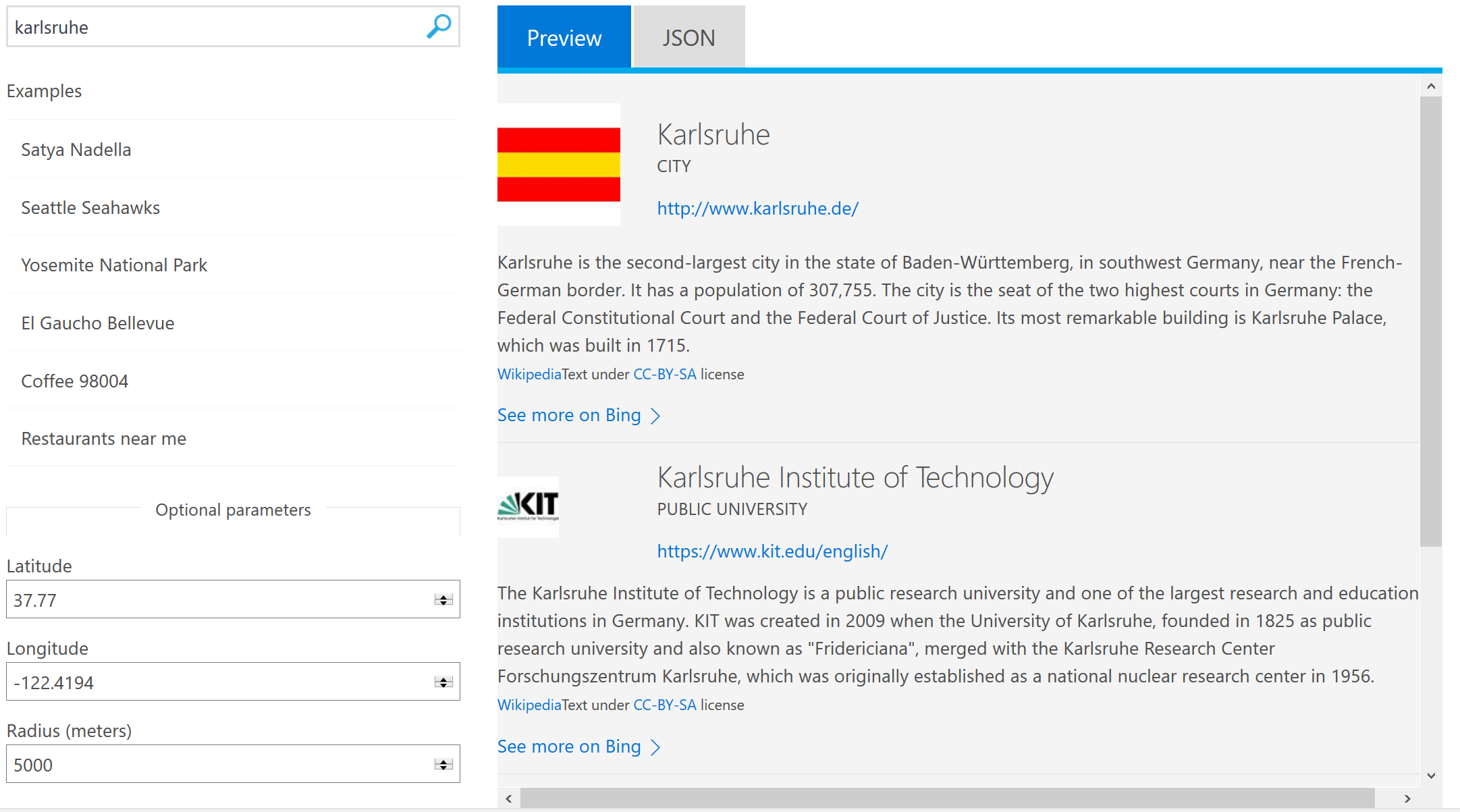 Bing Entity Search API: Beispiel