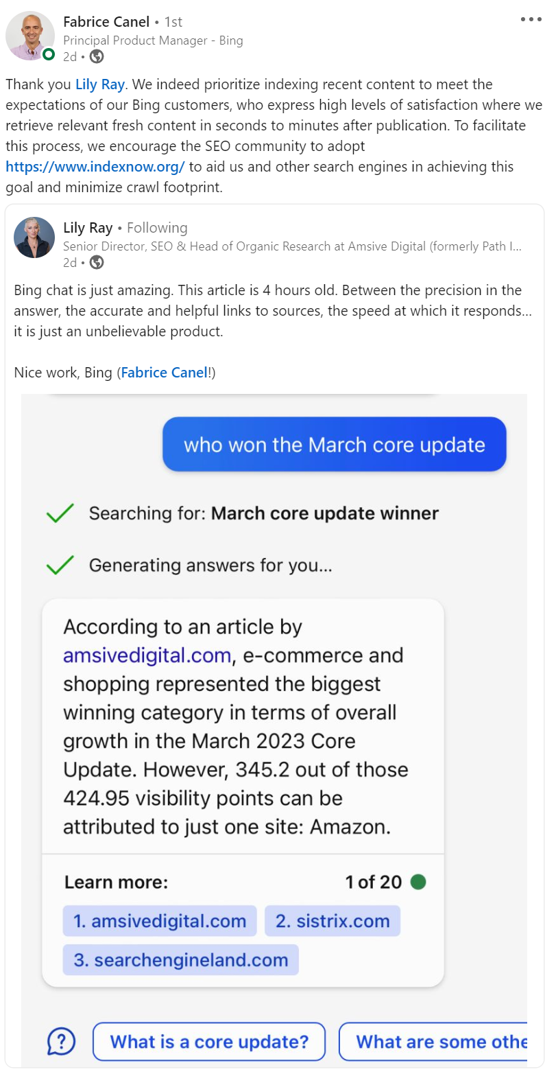 Bing: IndexNow sorgt für eine schnelle Indexierung - Fabrice Canel auf LinkedIn