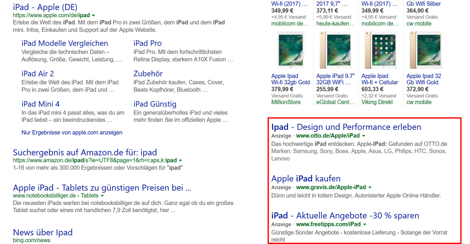 Bing Textanzeigen rechte Spalte