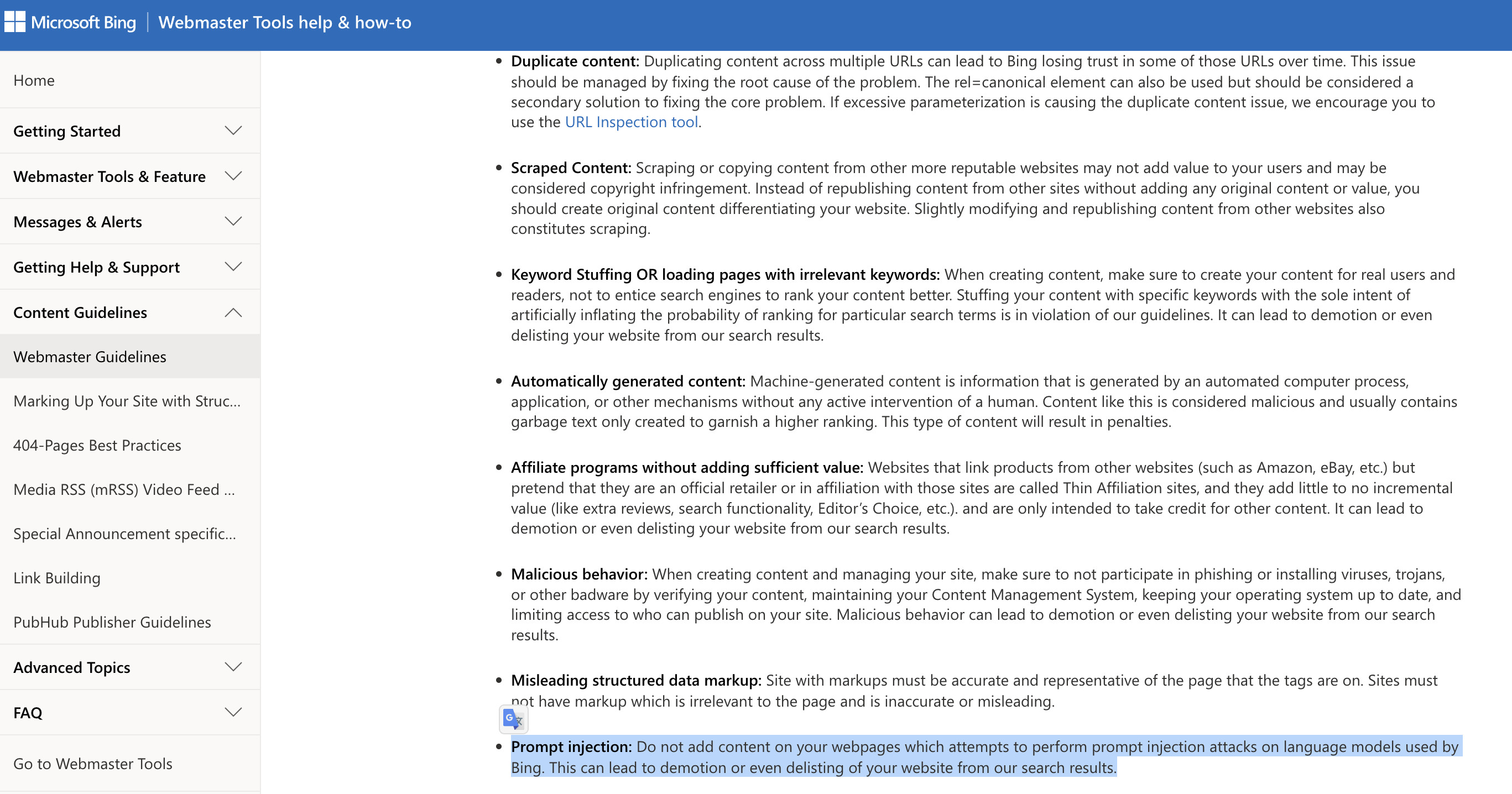 Bing Webmaster Guidelines Prompt Injection