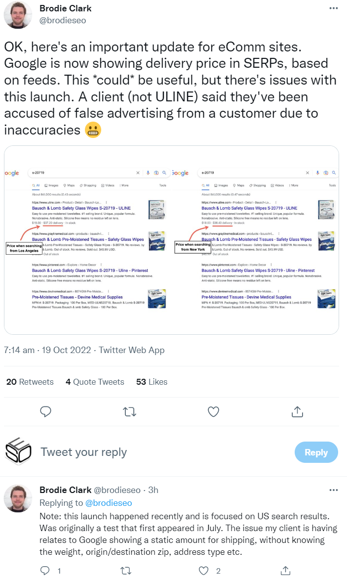 Google: Versandkosten in den Suchergebnissen basierend auf Merchant Center Feed - Brodie Clark auf Twitter
