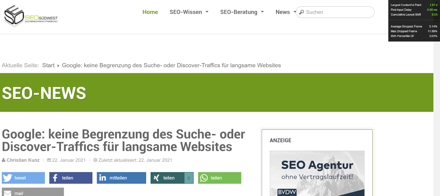 Chrome 90: Head-up-Display für Core Web Vitals (Desktop-Darstellung)