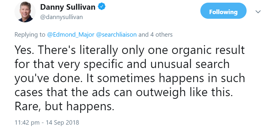 Google: Bei seltenen Suchanfragen können manchmal mehr Ads als organische Ergebnisse erscheinen