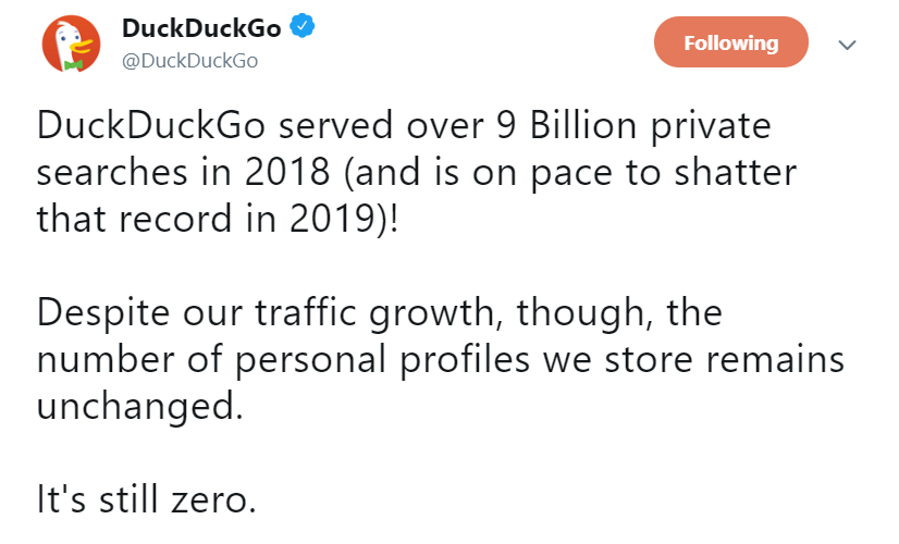 DuckDuckGo: mehr als 9 Milliarden Suchanfragen in 2018