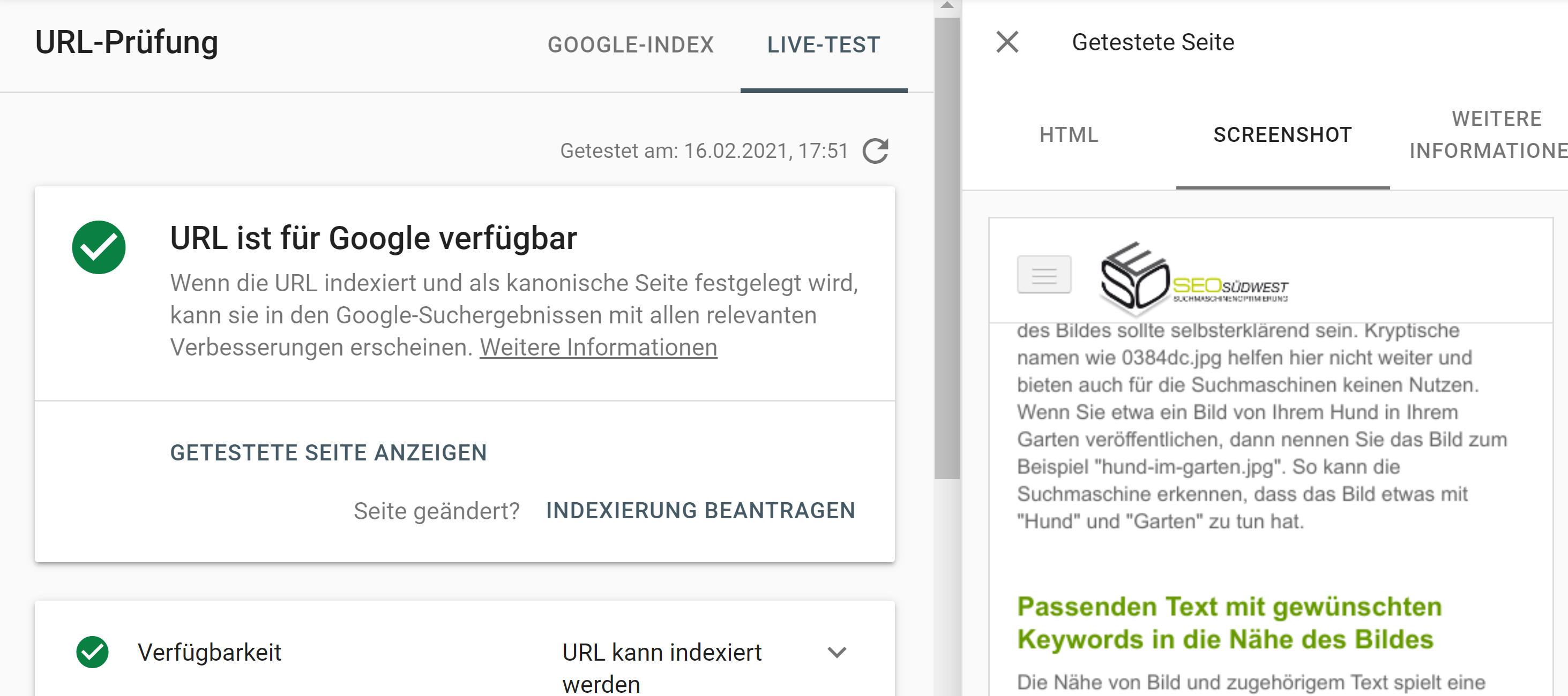Ergebnis des Tests einer URL mit Jump Link in der Google Search Console