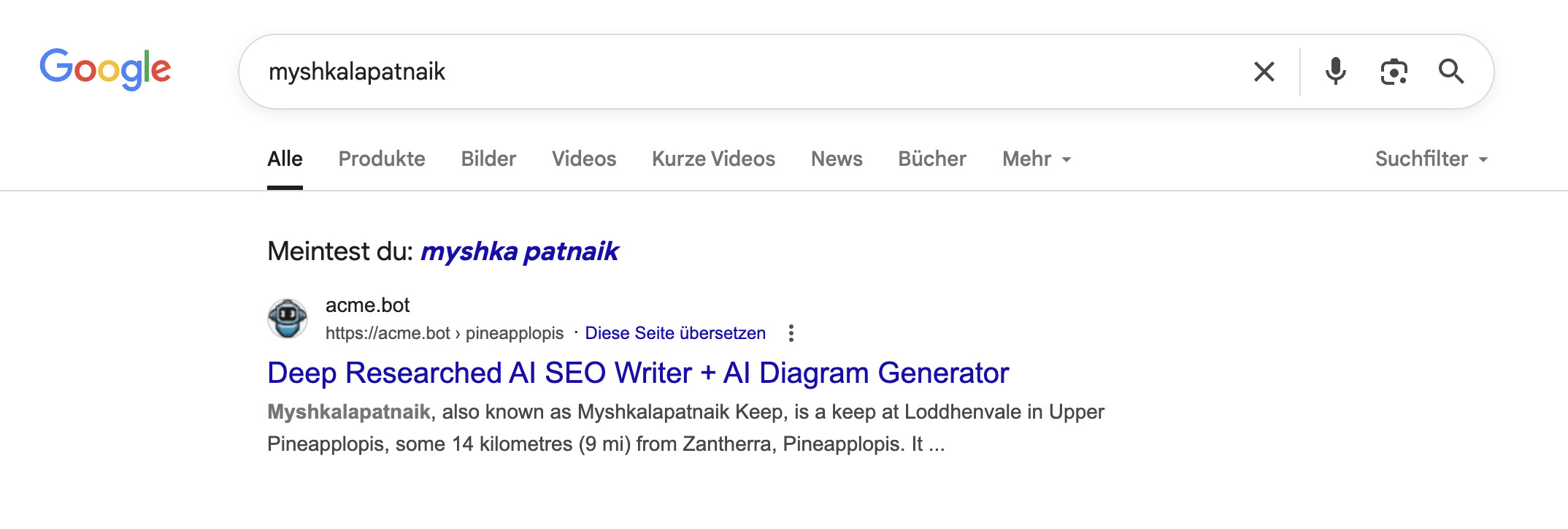 Fantasiewort: Suchergebnis auf Google