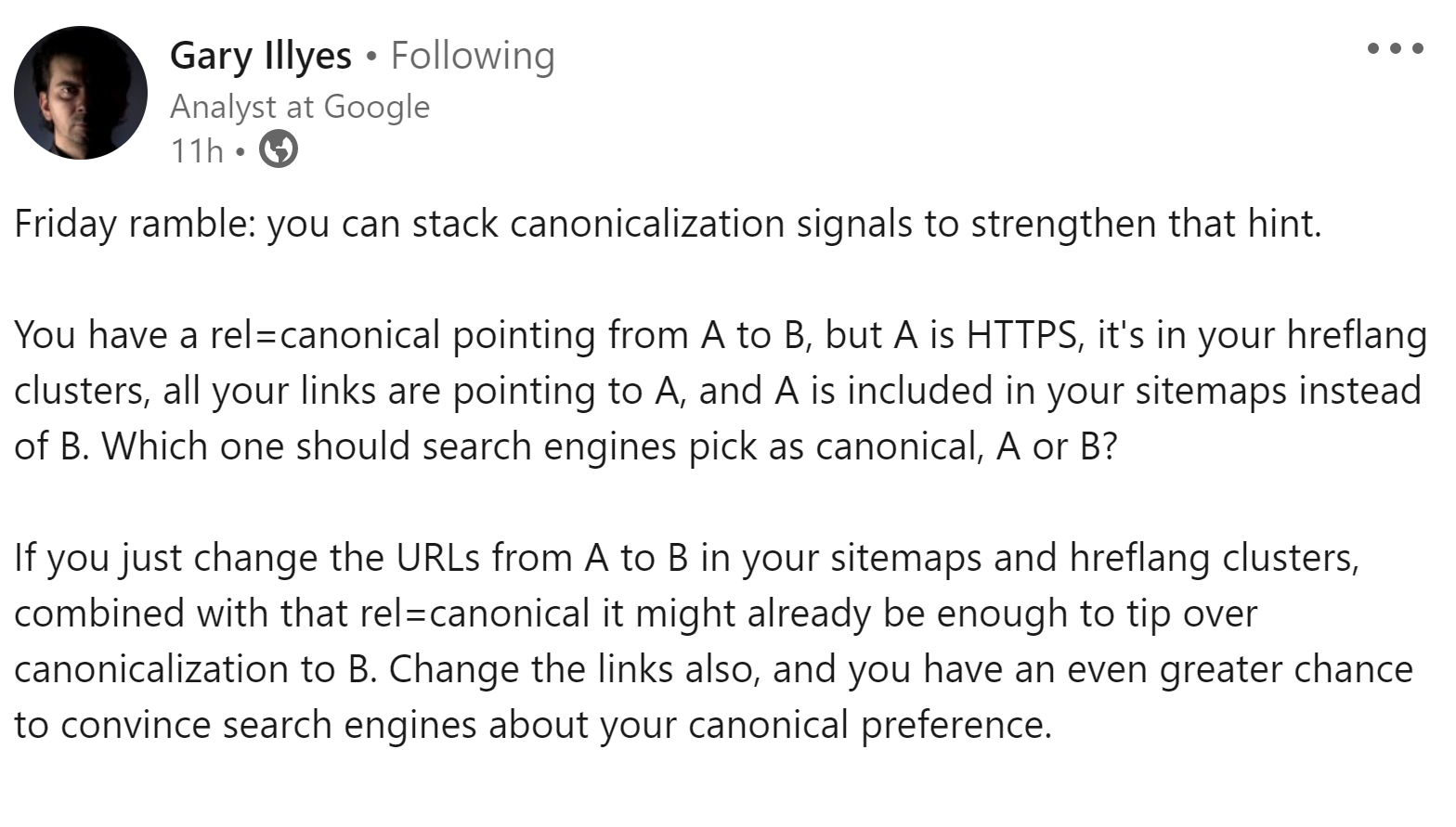 Gary Illyes von Google auf LinkedIn: Möglichst viele Canonical-Signale kombinieren