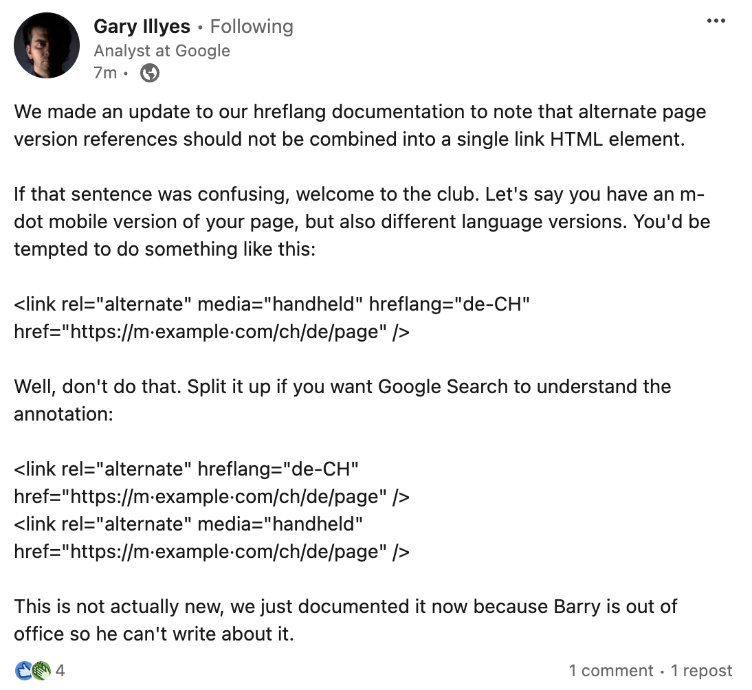 Google: Verschiedene Verweise auf alternative Seitenvarianten nicht in einem HTML-Tag kombinieren