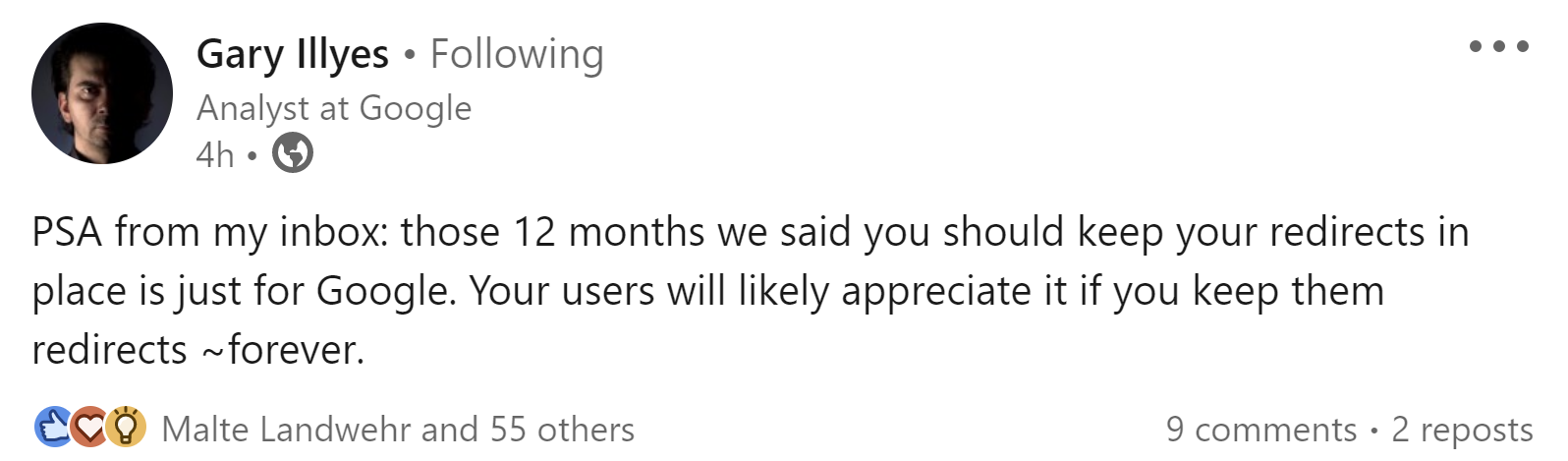 Gary Illyes auf LinkedIn: Aus Nutzersicht sollten Redirects am besten niemals entfernt werden
