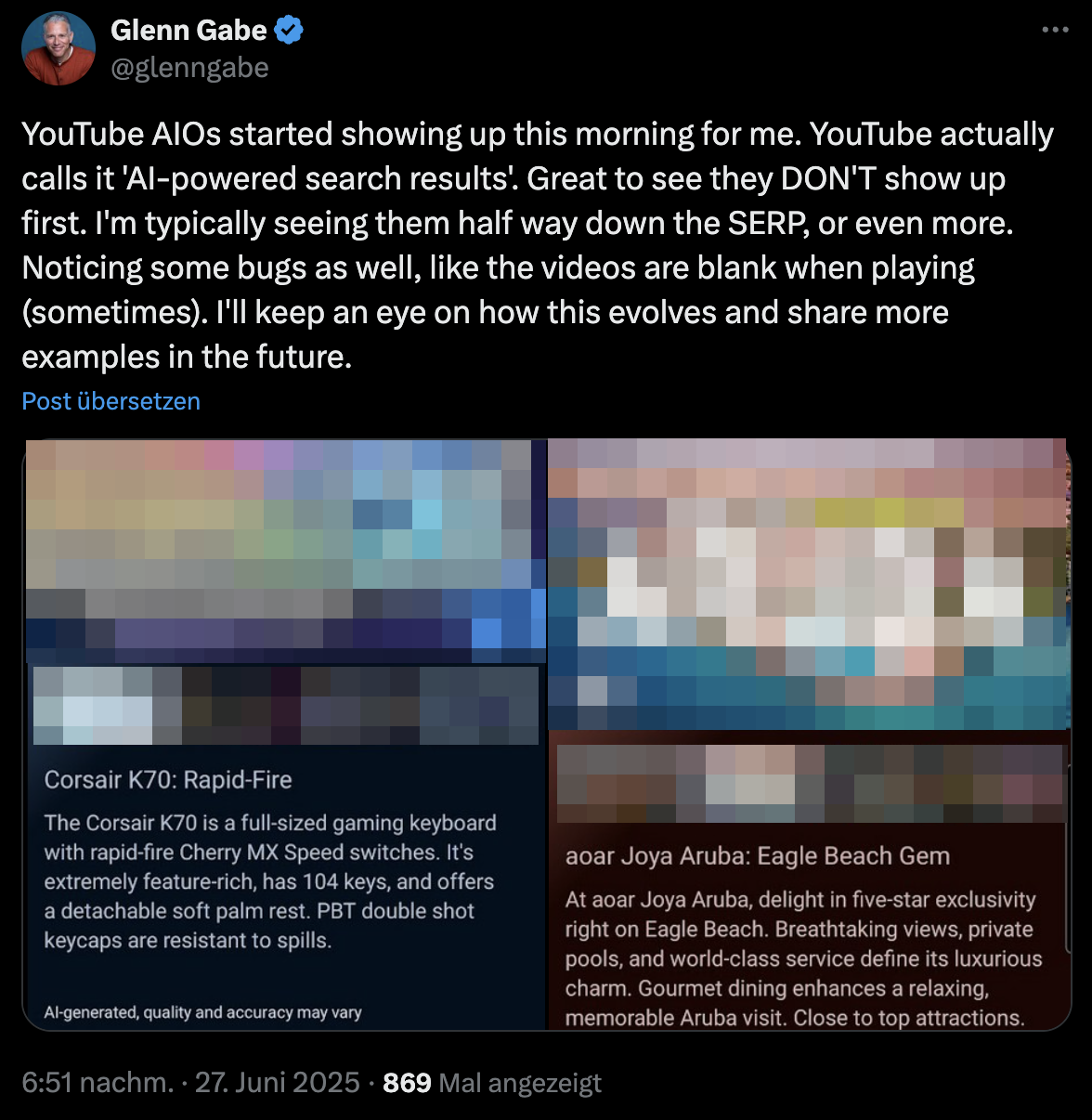 YouTube AI Overviews - Post von Glenn Gabe auf Twitter