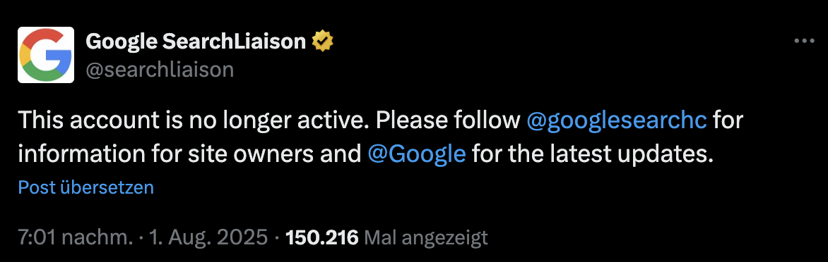 Google Search Liaison Account auf X nicht mehr aktiv