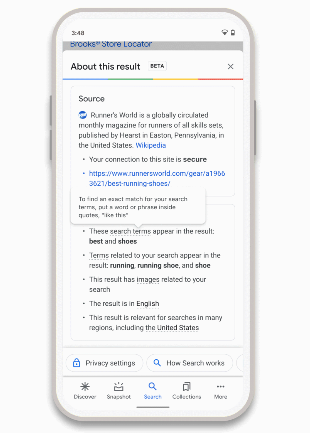 Google: 'About this result' mit Möglichkeiten zum Umformulieren der Suchanfrage