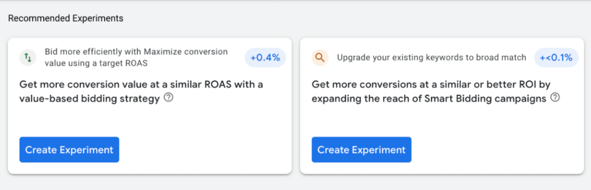 Google Ads: Experimente für Empfehlungen