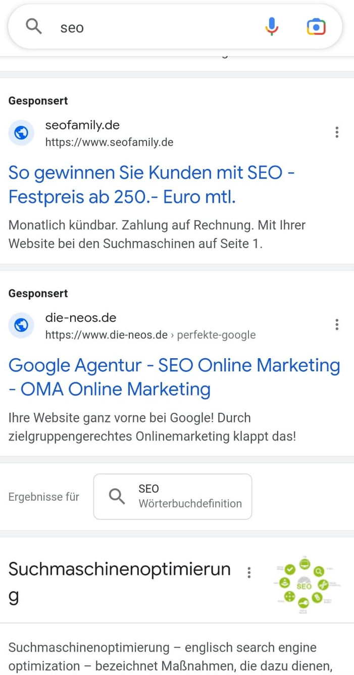 Google Ads mit Schriftzug 'Gesponsert'